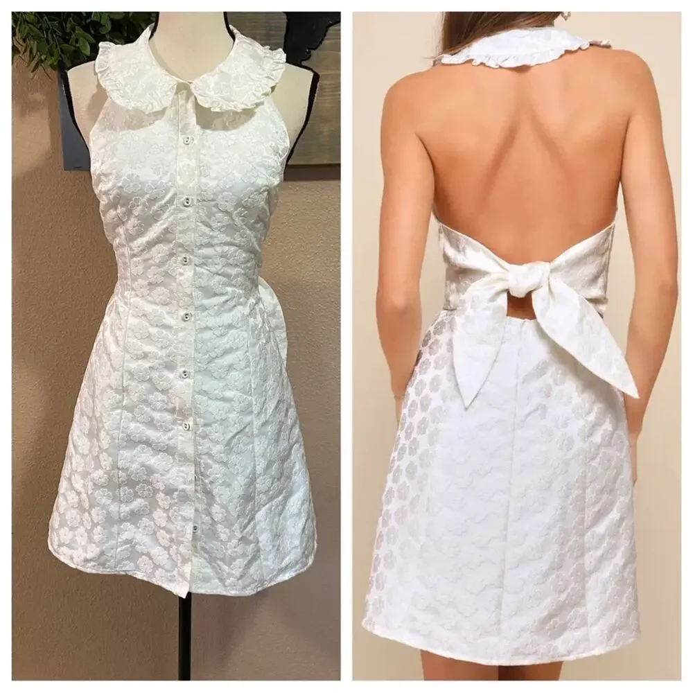 NWOT Lulus Posh Confidence Ivory Jacquard Collared Tie-Back Mini Dress